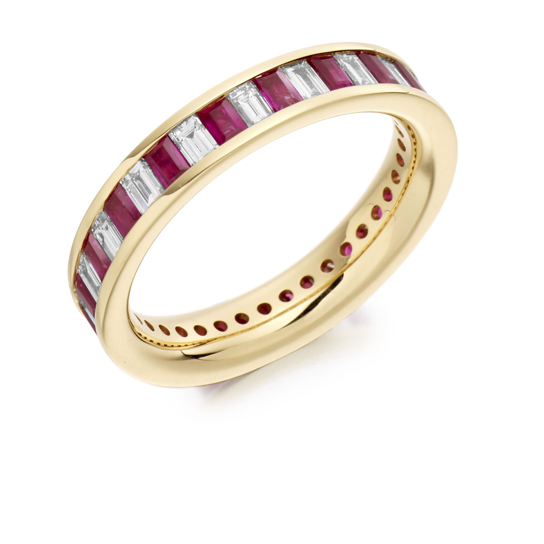 Raphael Full Eternity Ring with Baguette Cut Stone, Ruby and Diamond in Yellow Gold. Stones can be changed for other precious stone; Emeralds & Sapphires. Various metals available also