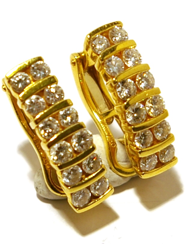 18ct Yellow Gold Bar Set Double Diamond Row Earrings with Omega Fittings