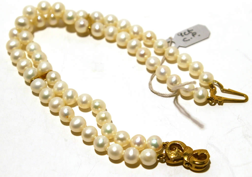 9ct Yellow Gold Cultured Pearl 2 Row Bracelet with Gold Spacers